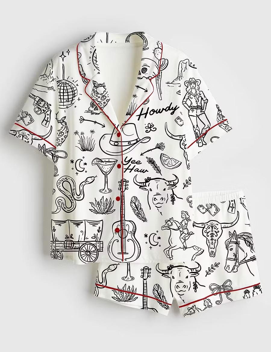 Whimsical Cowgirl Pajamas Satin, Hand Drawn Western Bachelorette Short Sleeve Satin Pjs, Silky Disco Bride Party Loungewear Gifts