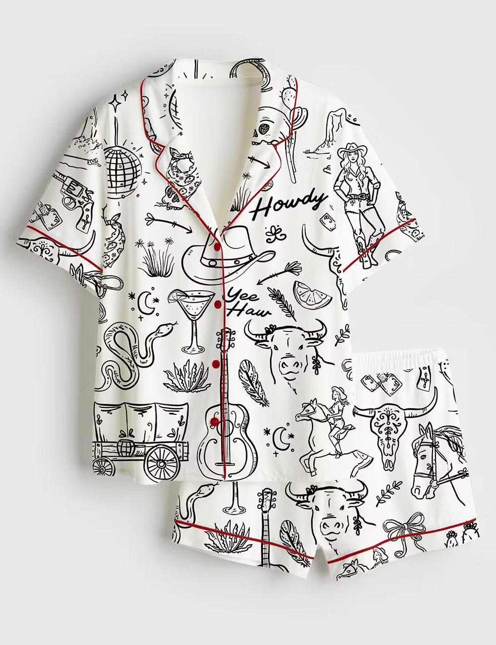 Whimsical Cowgirl Pajamas Satin, Hand Drawn Western Bachelorette Short Sleeve Satin Pjs, Silky Disco Bride Party Loungewear Gifts