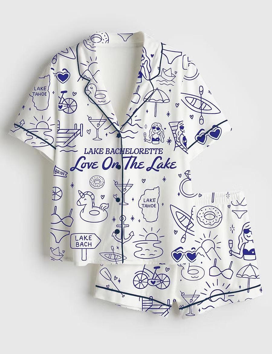 Lake Bachelorette Pajamas Satin, Cute Lake Life Short Sleeve Satin Pjs, Whimsical Love Sleepwear, Silky Bride Party Loungewear Gift Her