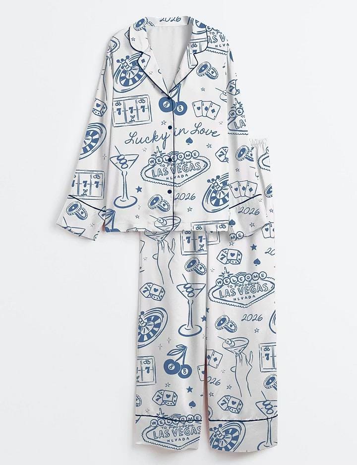Lucky In Love Pajamas, Las Vegas Bachelorette Short Sleeve Satin Pjs, Cute Casino Bride Party Sleepwear, Silky Vegas Lounge Gifts