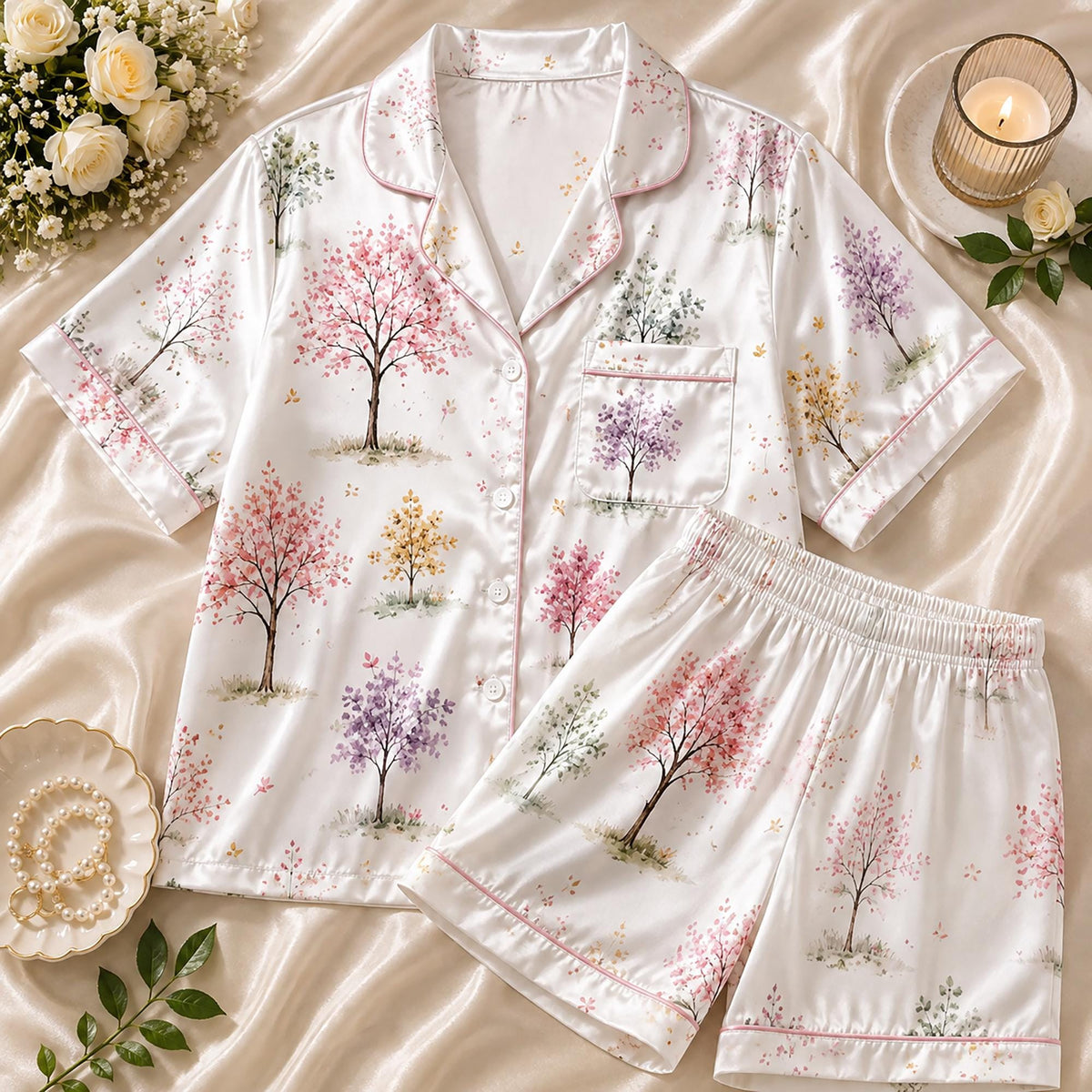 Fall Is My Favorite Color Pajamas, Autumn Vibes Cute Trees Satin Sleepwear, Thanksgiving Day Loungewear PJ Set