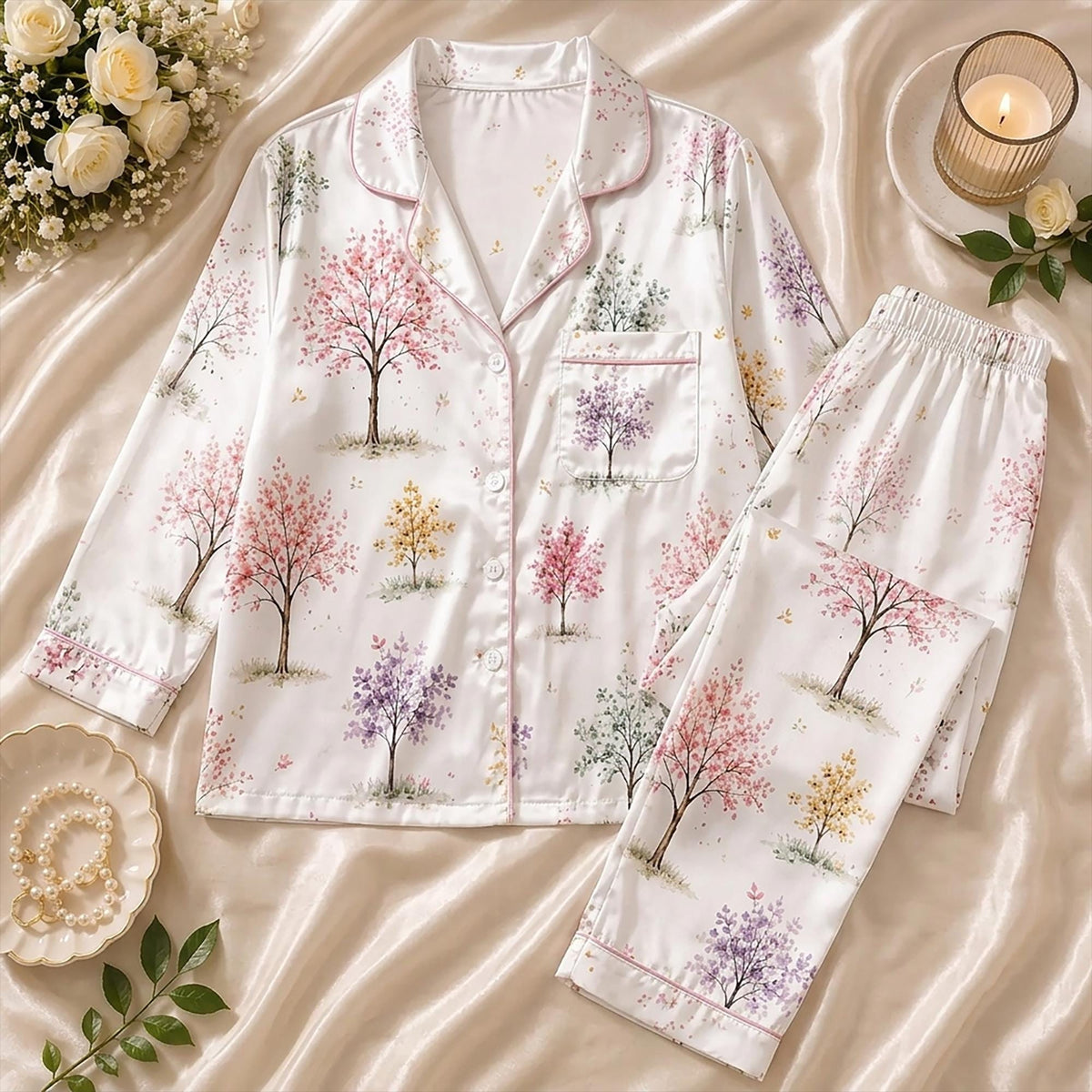 Fall Is My Favorite Color Pajamas, Autumn Vibes Cute Trees Satin Sleepwear, Thanksgiving Day Loungewear PJ Set