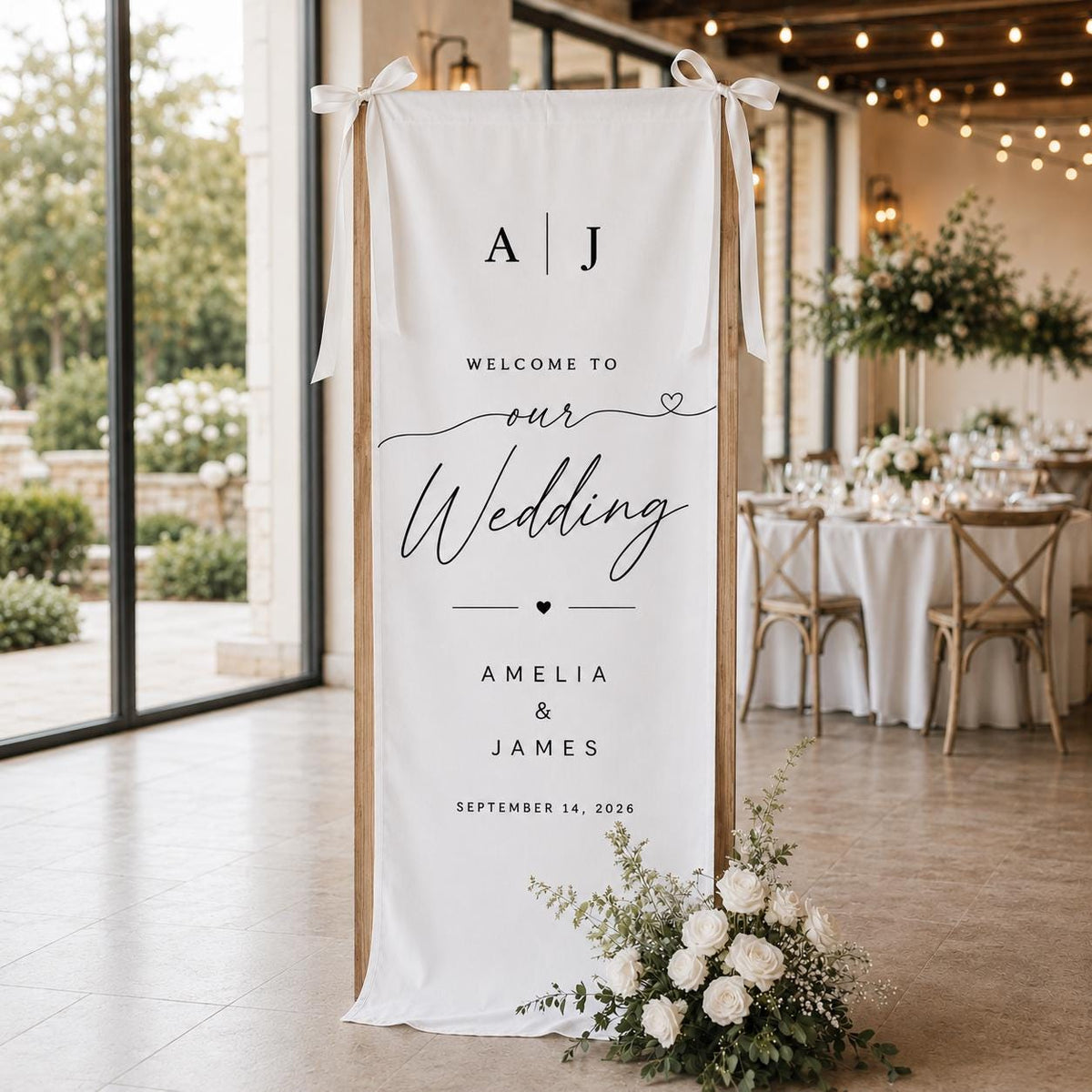 Custom Wedding Welcome Sign Vertical Fabric Wedding Banner Personalized Names & Date Backdrop Rustic Outdoor Ceremony Decors Wedding Sign