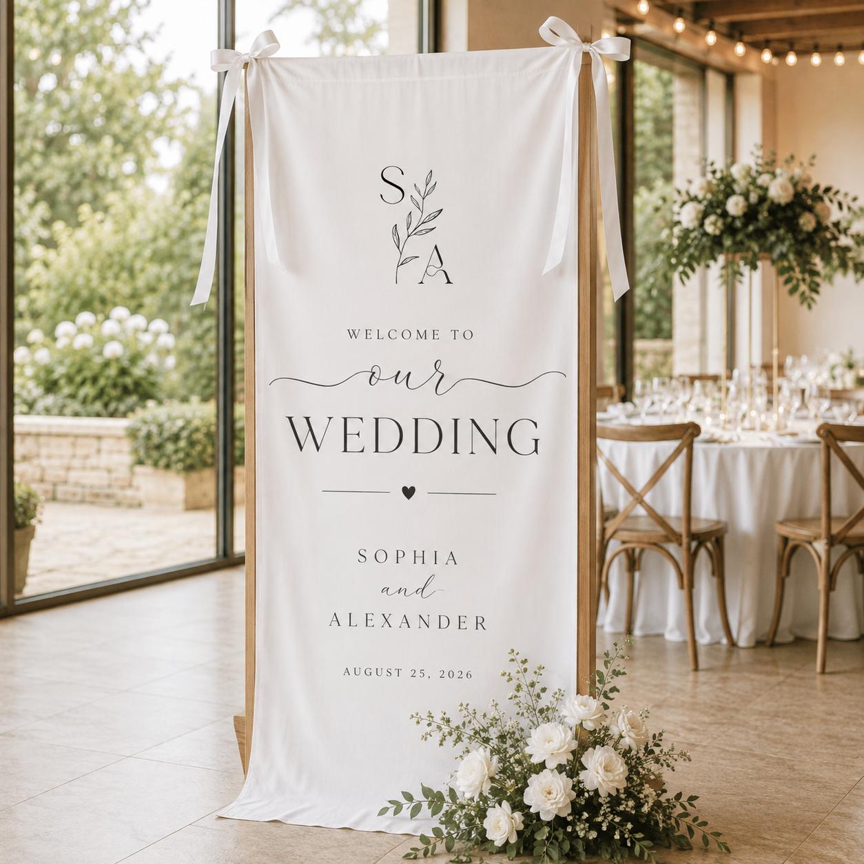 Custom Wedding Welcome Sign Vertical Fabric Wedding Banner Personalized Names & Date Backdrop Rustic Outdoor Ceremony Decors Wedding Sign