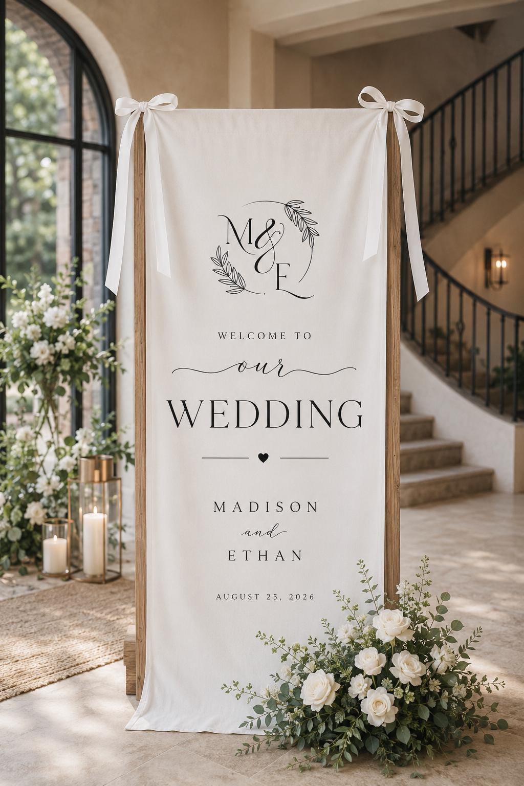 Custom Wedding Welcome Sign Vertical Fabric Wedding Banner Personalized Names & Date Backdrop Rustic Outdoor Ceremony Decors Wedding Sign