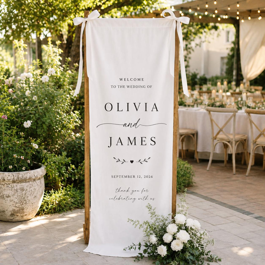 Custom Wedding Welcome Sign Vertical Fabric Wedding Banner Personalized Names & Date Backdrop Rustic Outdoor Ceremony Decors Wedding Sign