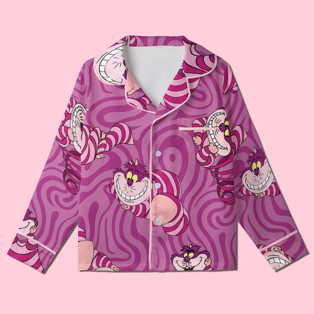 Cheshire Cat Pajamas Satin, Alice Wonderland Pajamas, Mystery Fantasy Lounge Satin, Cute Kids Gift, Girls Weekend Sleepwear