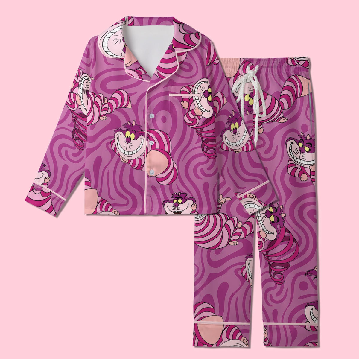 Cheshire Cat Pajamas Satin, Alice Wonderland Pajamas, Mystery Fantasy Lounge Satin, Cute Kids Gift, Girls Weekend Sleepwear