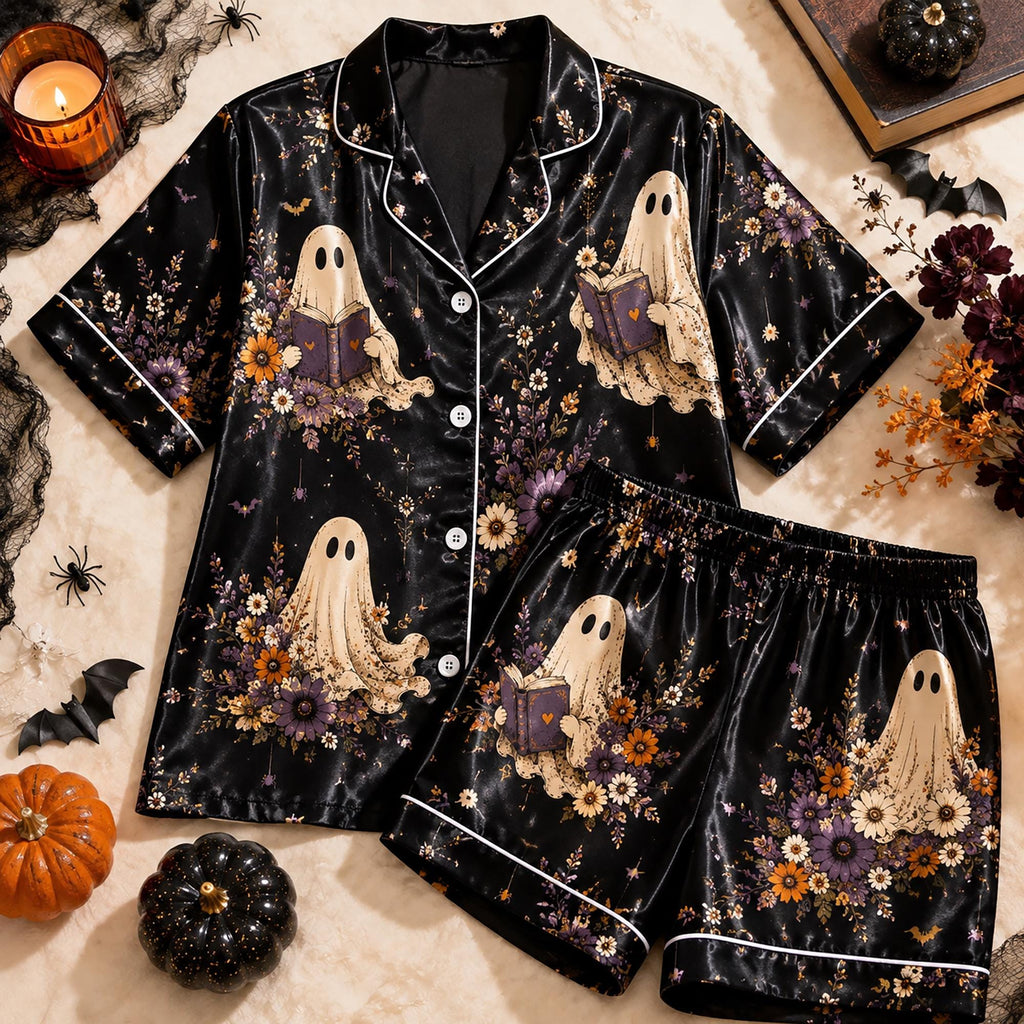 Bookish Ghost Pajamas Set, Reading Ghost Satin Sleepwear, Dark Academia Halloween PJs, Botanical Spooky Pajama Set