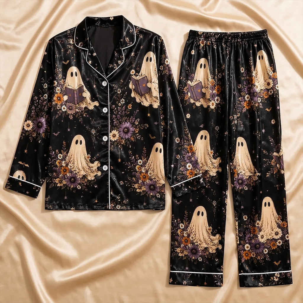 Bookish Ghost Pajamas Set, Reading Ghost Satin Sleepwear, Dark Academia Halloween PJs, Botanical Spooky Pajama Set