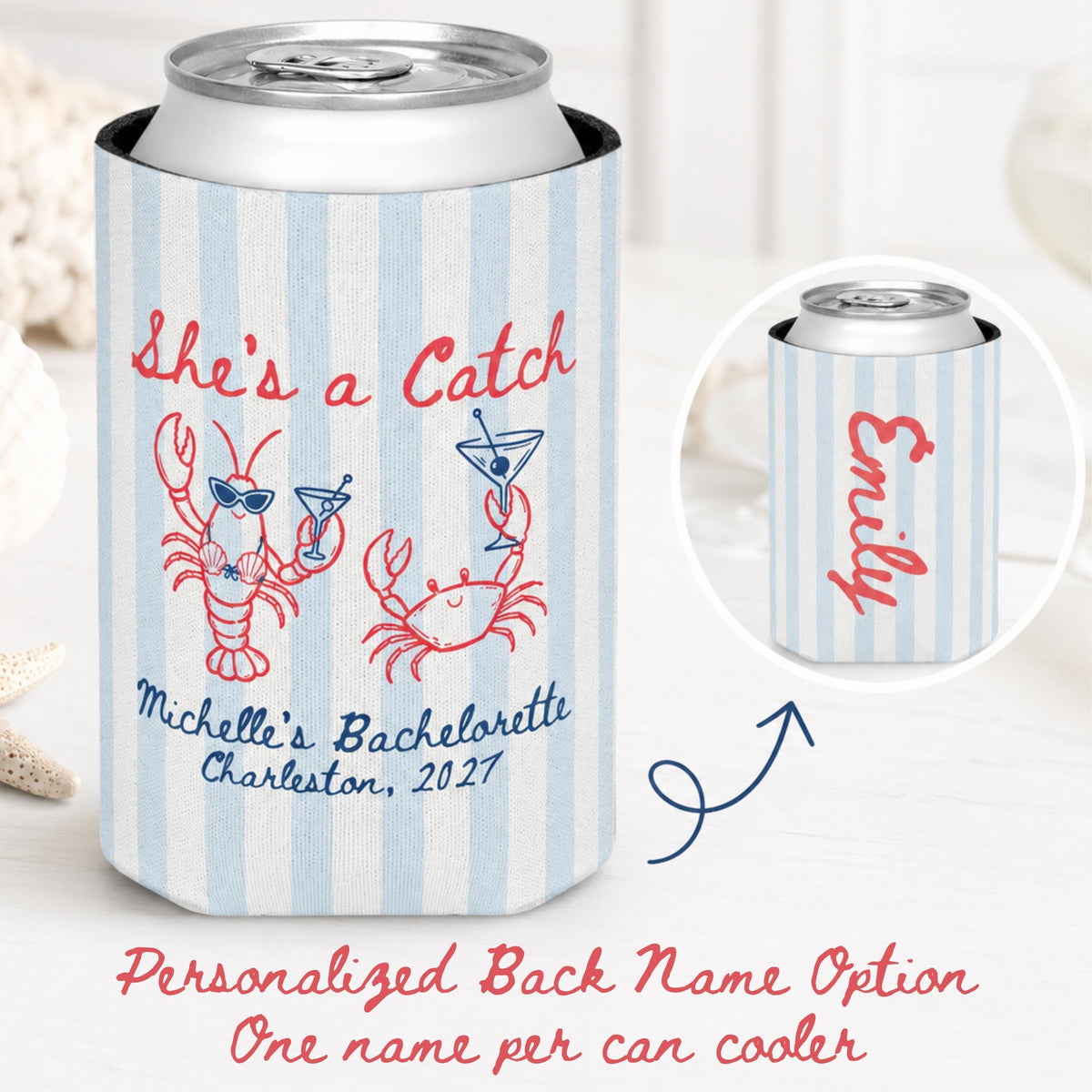 She's a Catch Coastal Bach Party Favor,Custom Bachelorette Can Cooler,Personalized Lobster Beach Bachelorette Drink Sleeve