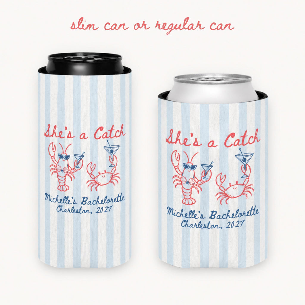 She's a Catch Coastal Bach Party Favor,Custom Bachelorette Can Cooler,Personalized Lobster Beach Bachelorette Drink Sleeve