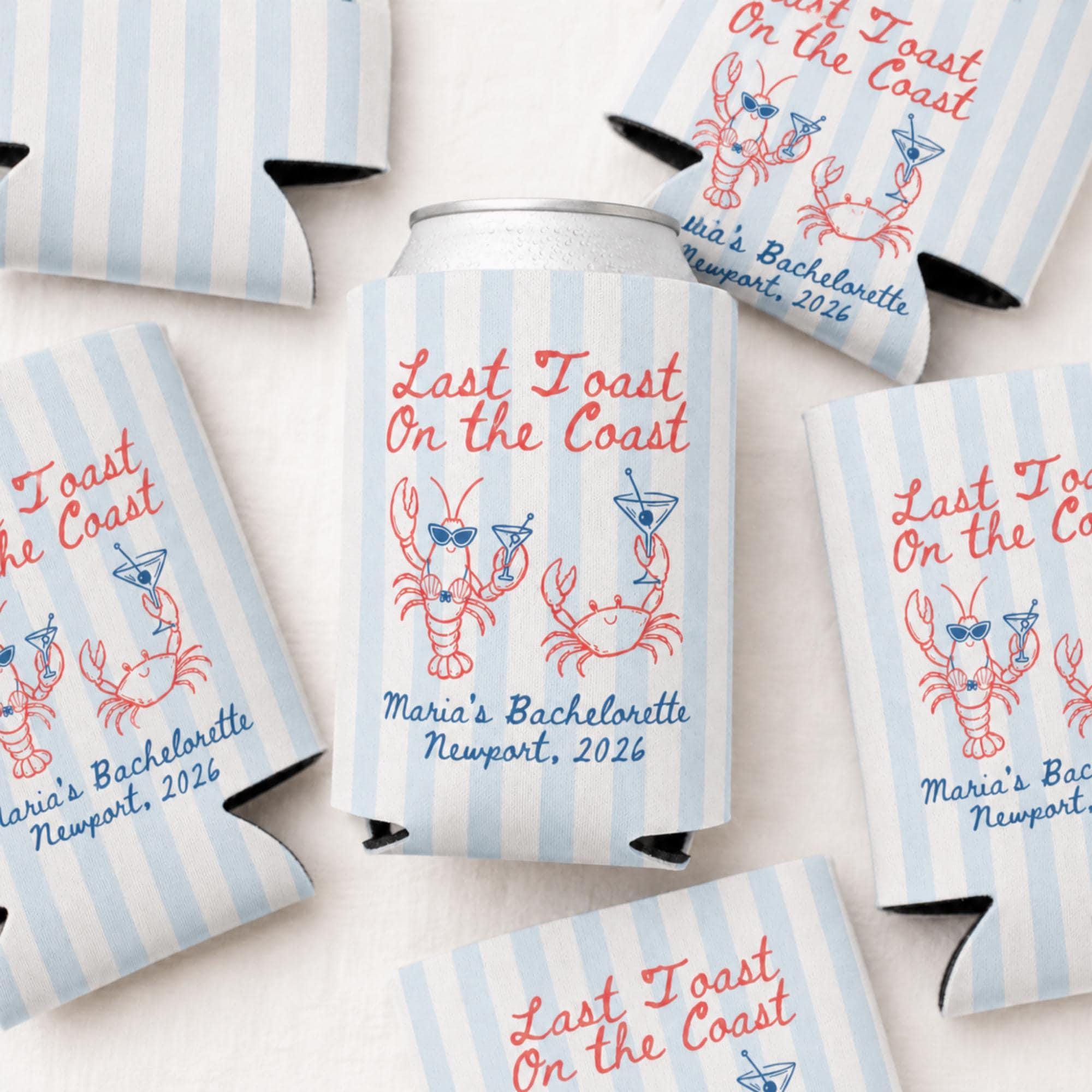 Last Toast on the Coast Can Cooler, Beach Bachelorette Party Favor, Personalized Coastal Drink Sleeve
