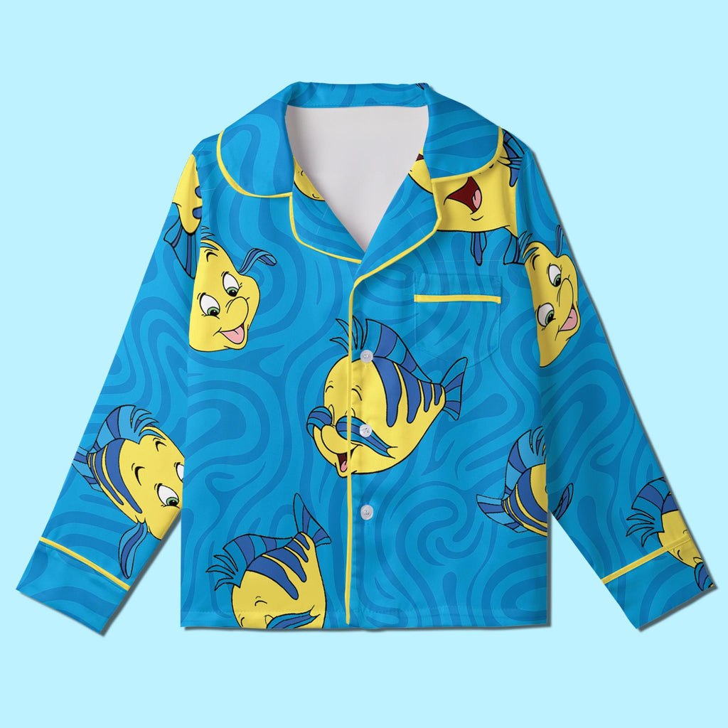 Flounder Little Mermaid Pajamas Satin, Little Mermaid Inspired Sleepwear, Tropical Fish Gift For Kid, Princess Ocean Slumber Party Pajamas