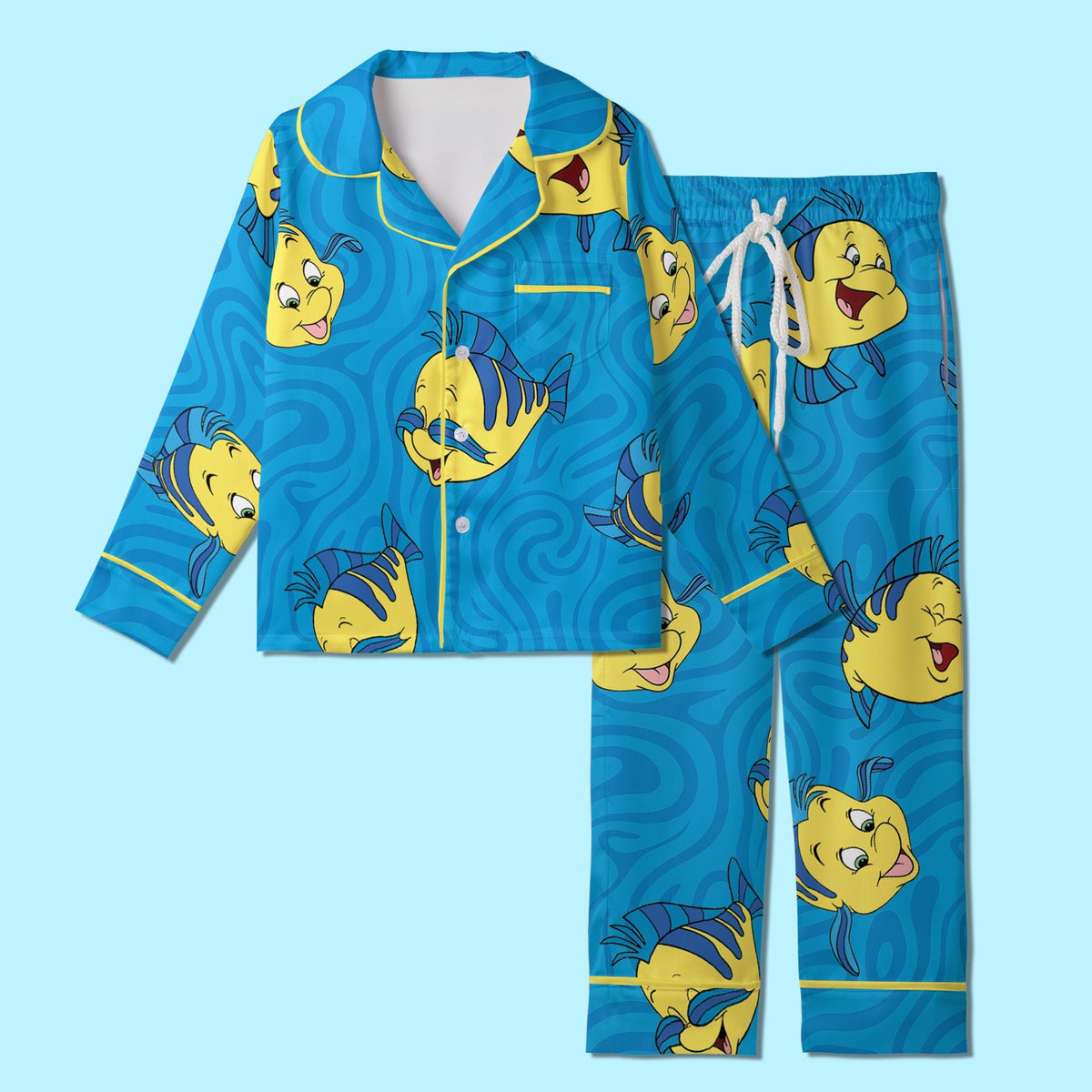 Flounder Little Mermaid Pajamas Satin, Little Mermaid Inspired Sleepwear, Tropical Fish Gift For Kid, Princess Ocean Slumber Party Pajamas