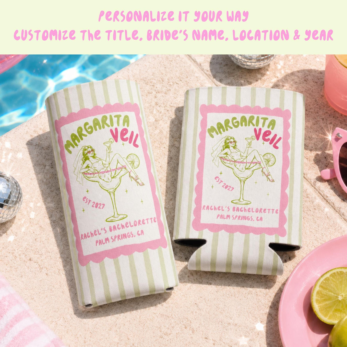 Margarita Veil Bachelorette Can Cooler, Custom Bach Party Favor Sleeve