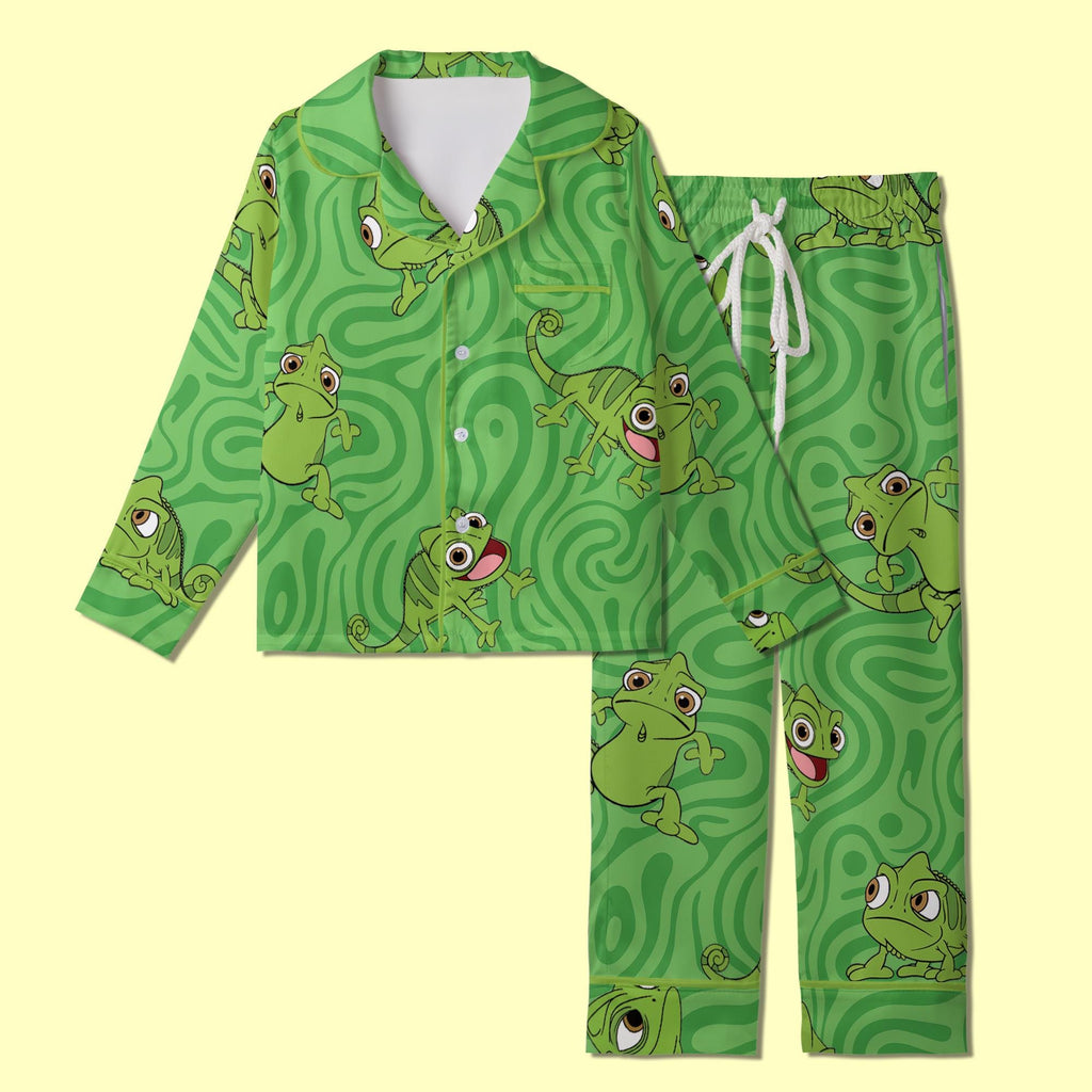 Pascal Chameleon Pajamas Satin, Tangled Theme Sleepwear, Magical Kingdom Lounge Set, Family Matching Pajamas, Kids Birthday Gift