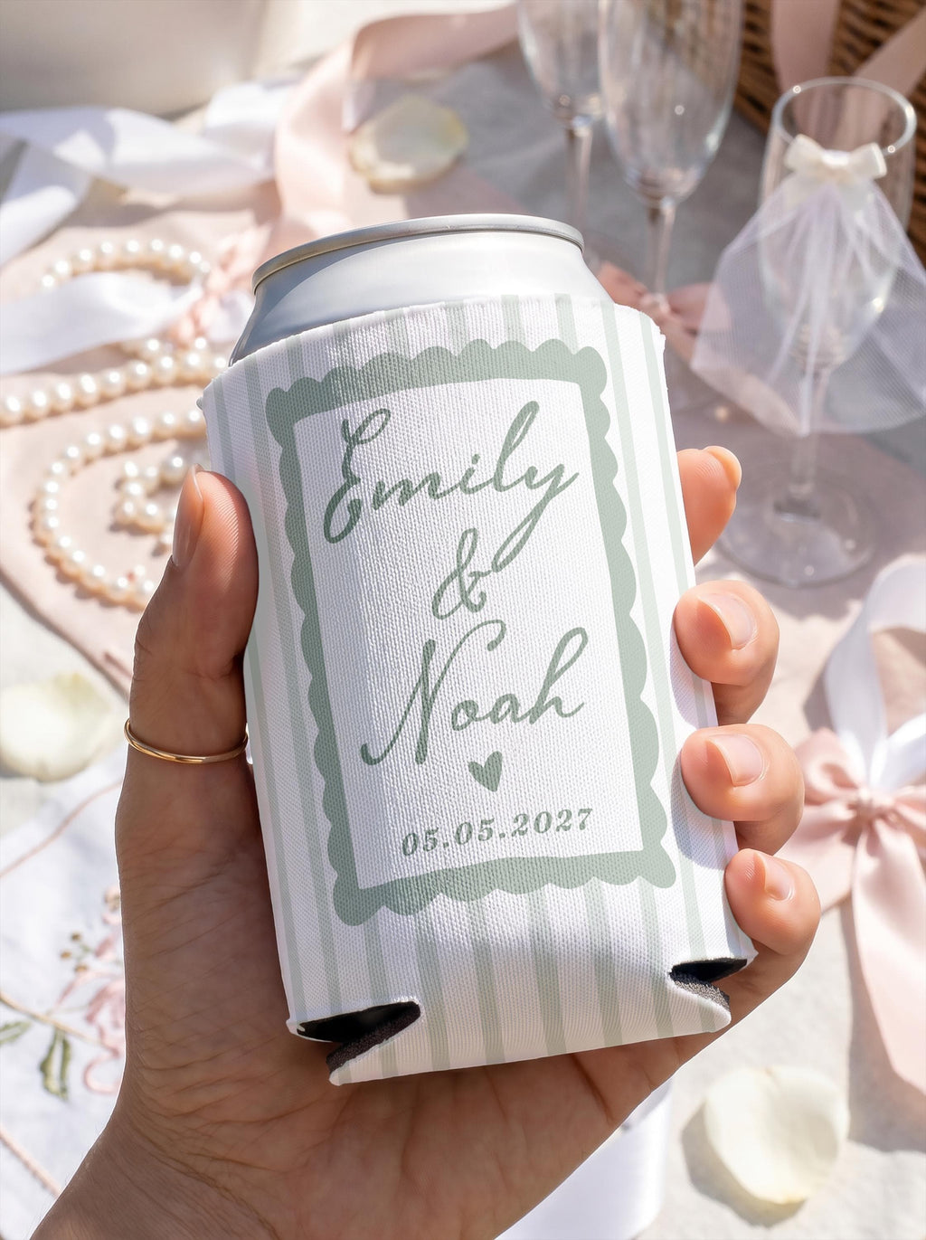 Personalized Wedding Can Cooler, Custom Names and Date, Reception Favors for Guests