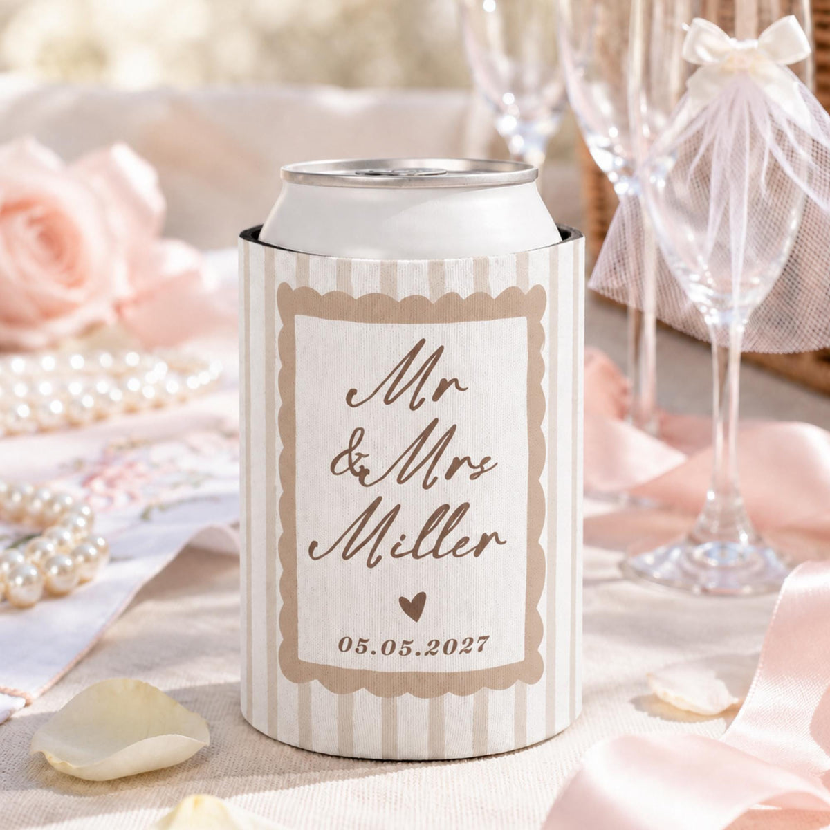 Personalized Wedding Can Cooler, Custom Names and Date, Reception Favors for Guests