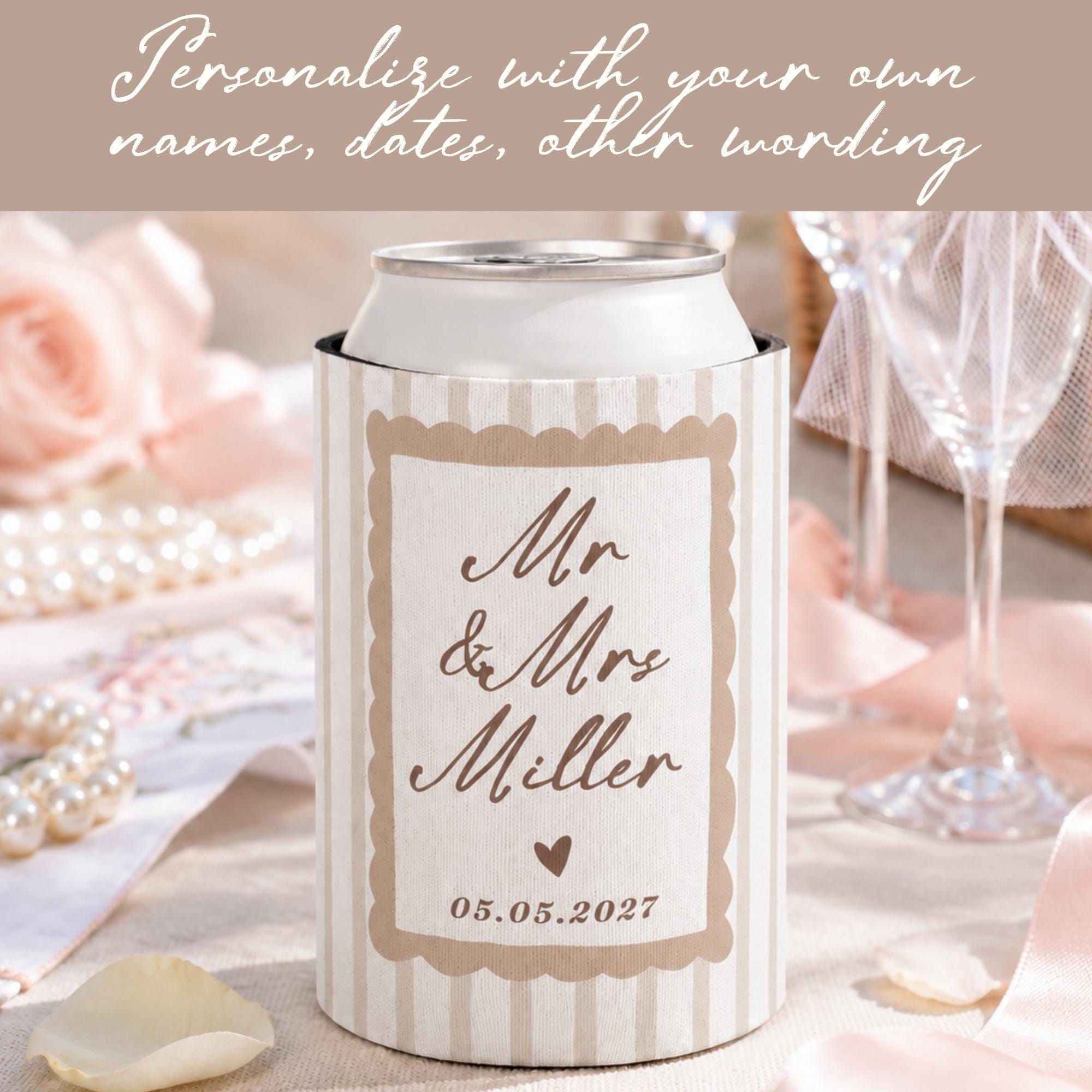 Personalized Wedding Can Cooler, Custom Names and Date, Reception Favors for Guests