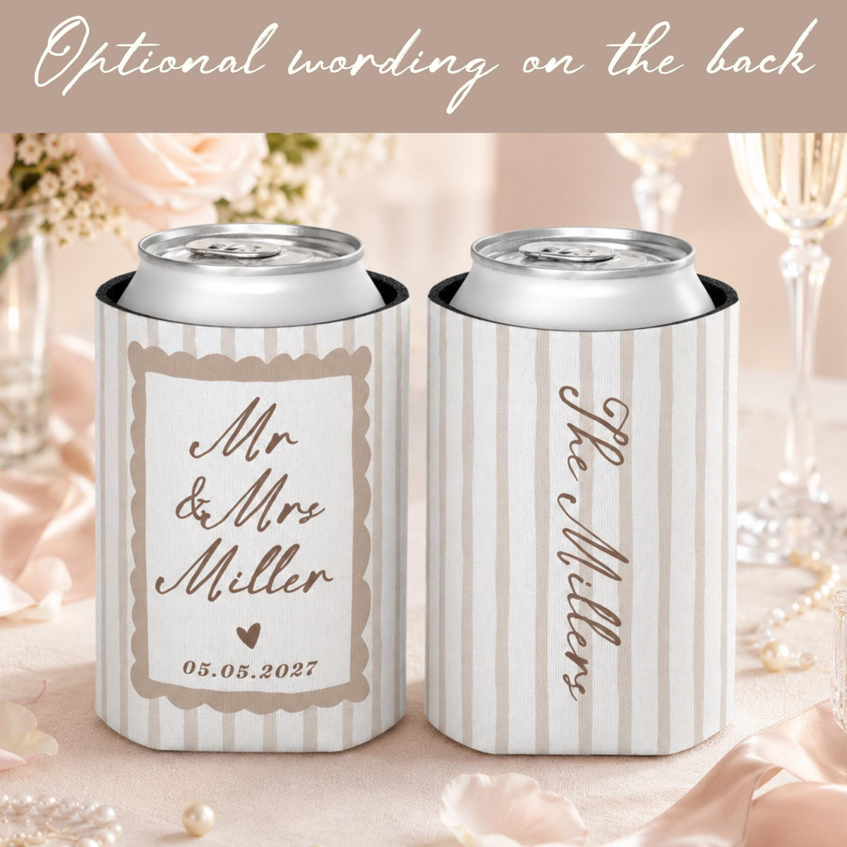 Personalized Wedding Can Cooler, Custom Names and Date, Reception Favors for Guests
