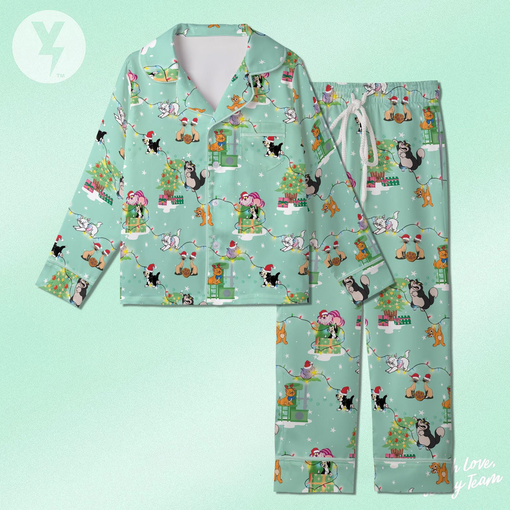 Disney Cats Xmas Satin Pajamas Set, Disney Xmas Sleepwear, The Aristocats Marie Cheshire Lucifer cat Si and Am, Cat Lover Christmas Gift