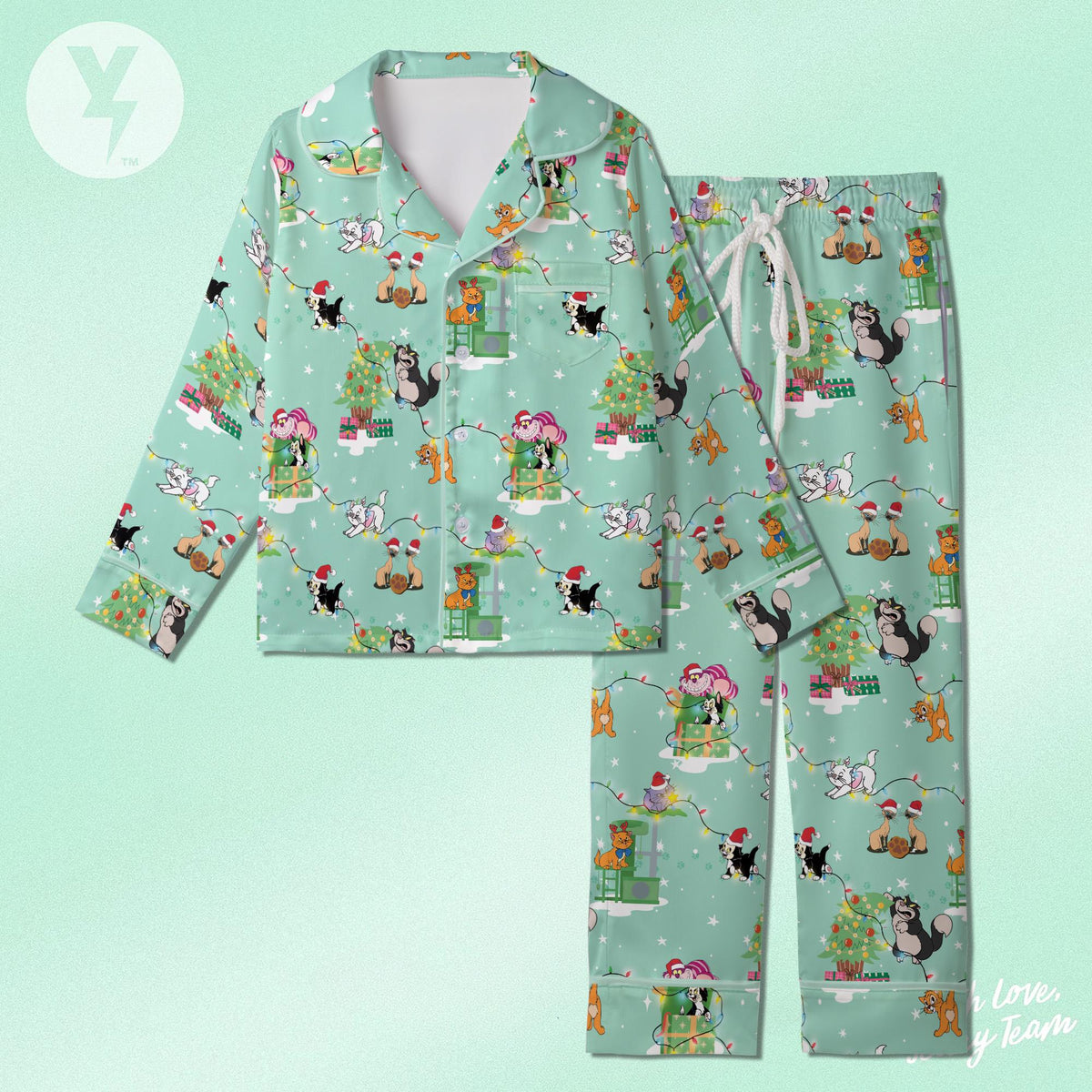 Disney Cats Xmas Satin Short Pajamas, Disney Xmas Sleepwear, The Aristocats Marie Cheshire Lucifer cat Si and Am, Cat Lover Christmas Gift