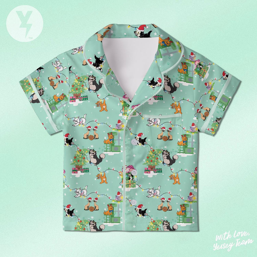 Disney Cats Xmas Satin Short Pajamas, Disney Xmas Sleepwear, The Aristocats Marie Cheshire Lucifer cat Si and Am, Cat Lover Christmas Gift