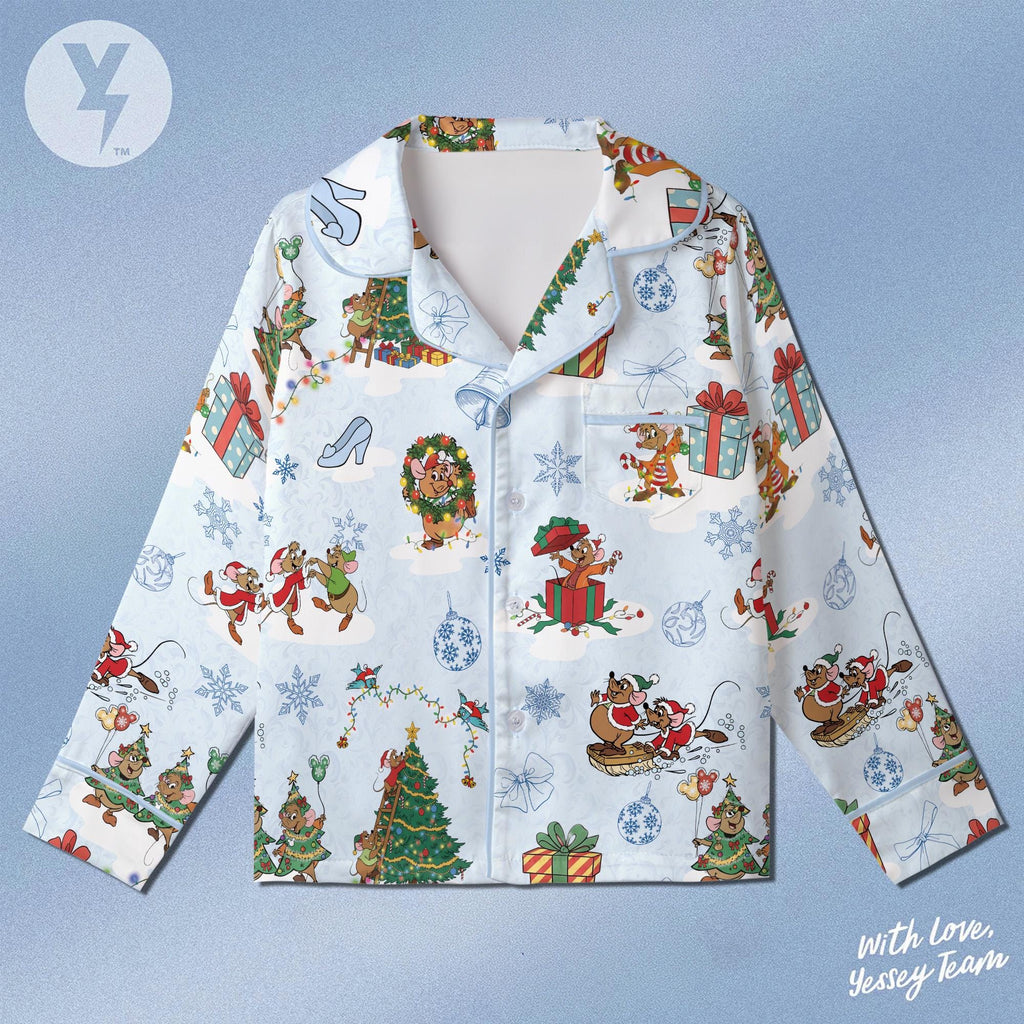 Disney Gus Gus and Jaq Christmas Pajamas Set, Cinderella's friends Christmas Satin Pajamas, Jaq and Gus Couple Pajamas