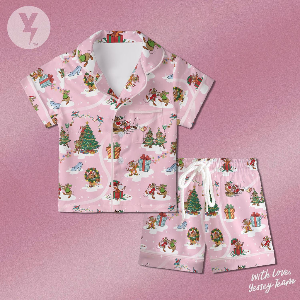 Disney Gus Gus and Jaq Christmas Short Pajamas, Cinderella's friends Christmas Satin Pajamas, Jaq and Gus Couple Pajamas