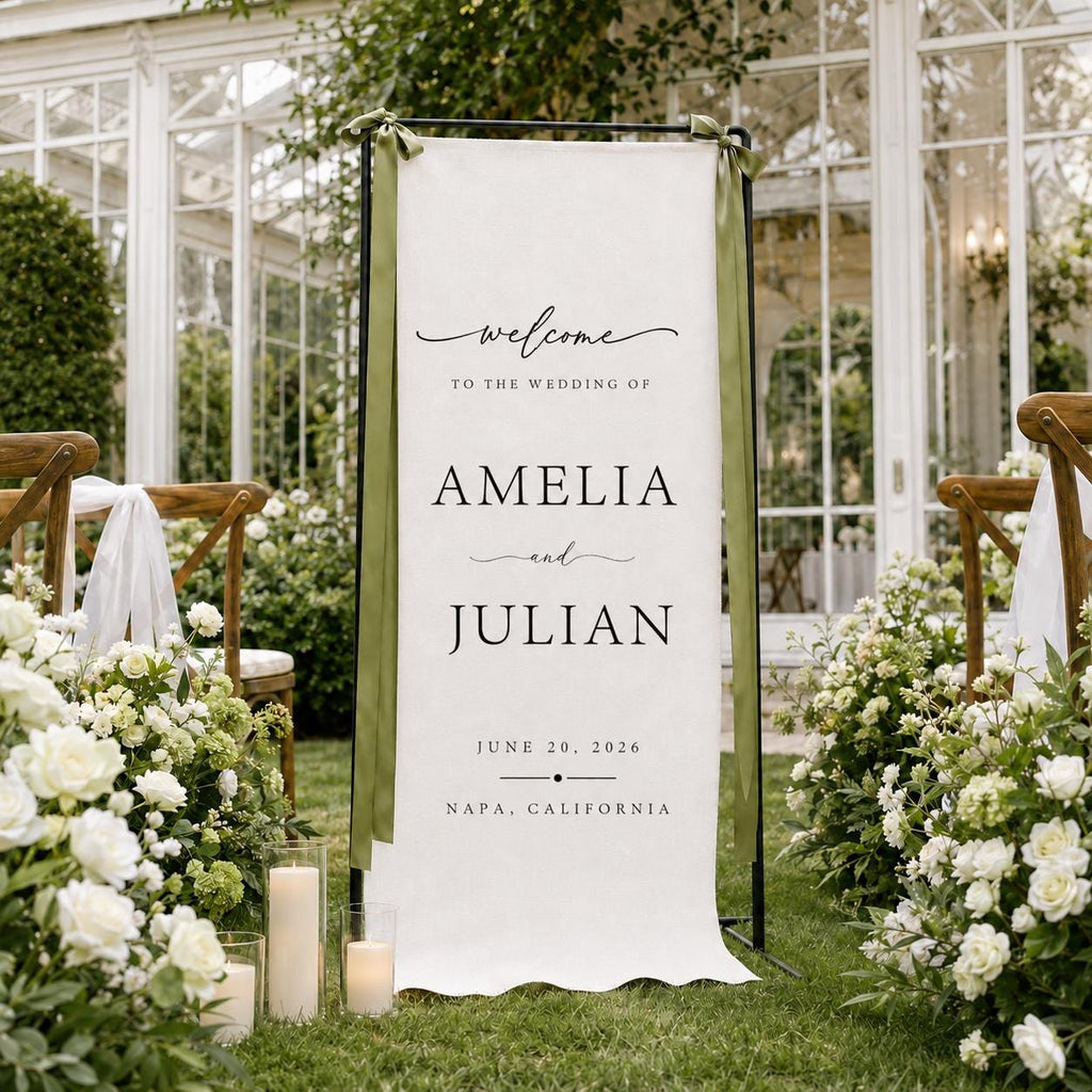 Custom Linen Wedding Welcome Sign, Fabric Wedding Banner, Personalized Ceremony Decor, Modern Wedding Entrance Sign