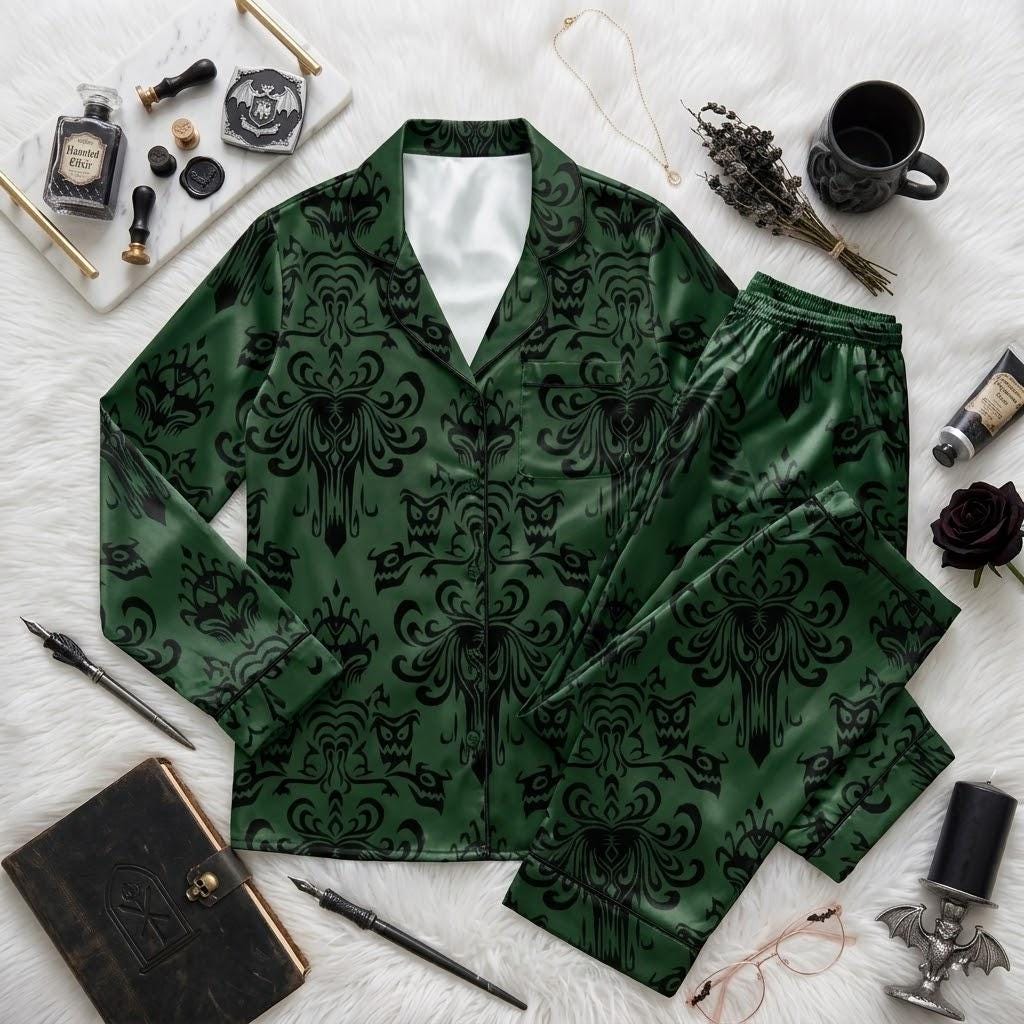 Enter Disney Haunted Mansion After Dark, Ghostly Pajamas For Halloween Nights, Elegant Manor Inspired Nightwear, Spooky Bedtime Style