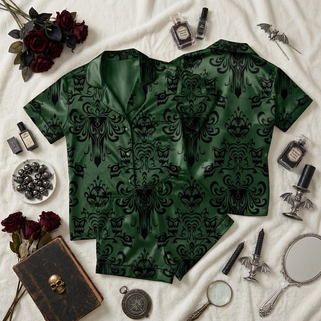 Enter Disney Haunted Mansion After Dark, Ghostly Pajamas For Halloween Nights, Elegant Manor Inspired Nightwear, Spooky Bedtime Style
