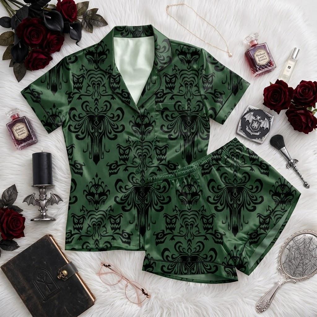 Enter Disney Haunted Mansion After Dark, Ghostly Pajamas For Halloween Nights, Elegant Manor Inspired Nightwear, Spooky Bedtime Style