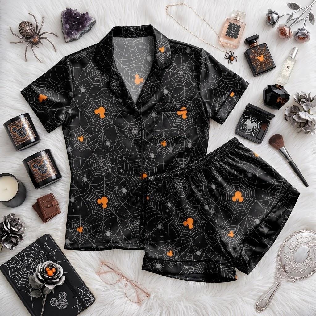 Mickey Mouse Meets Spooky Spiders For Disney Halloween, Character Pajamas, Web Inspired Nightwear, Cute October Bedtime Outfit