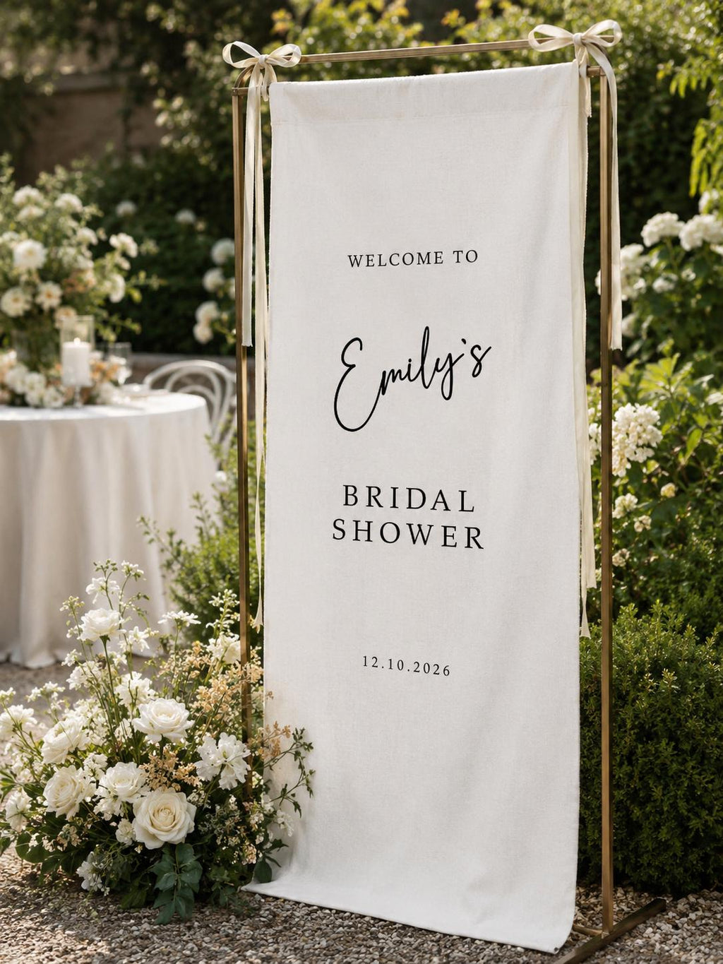 Personalized Fabric Bridal Shower Welcome Sign, Custom Linen Banner with Ribbon, Bride Name and Date Garden Party Entrance Decor