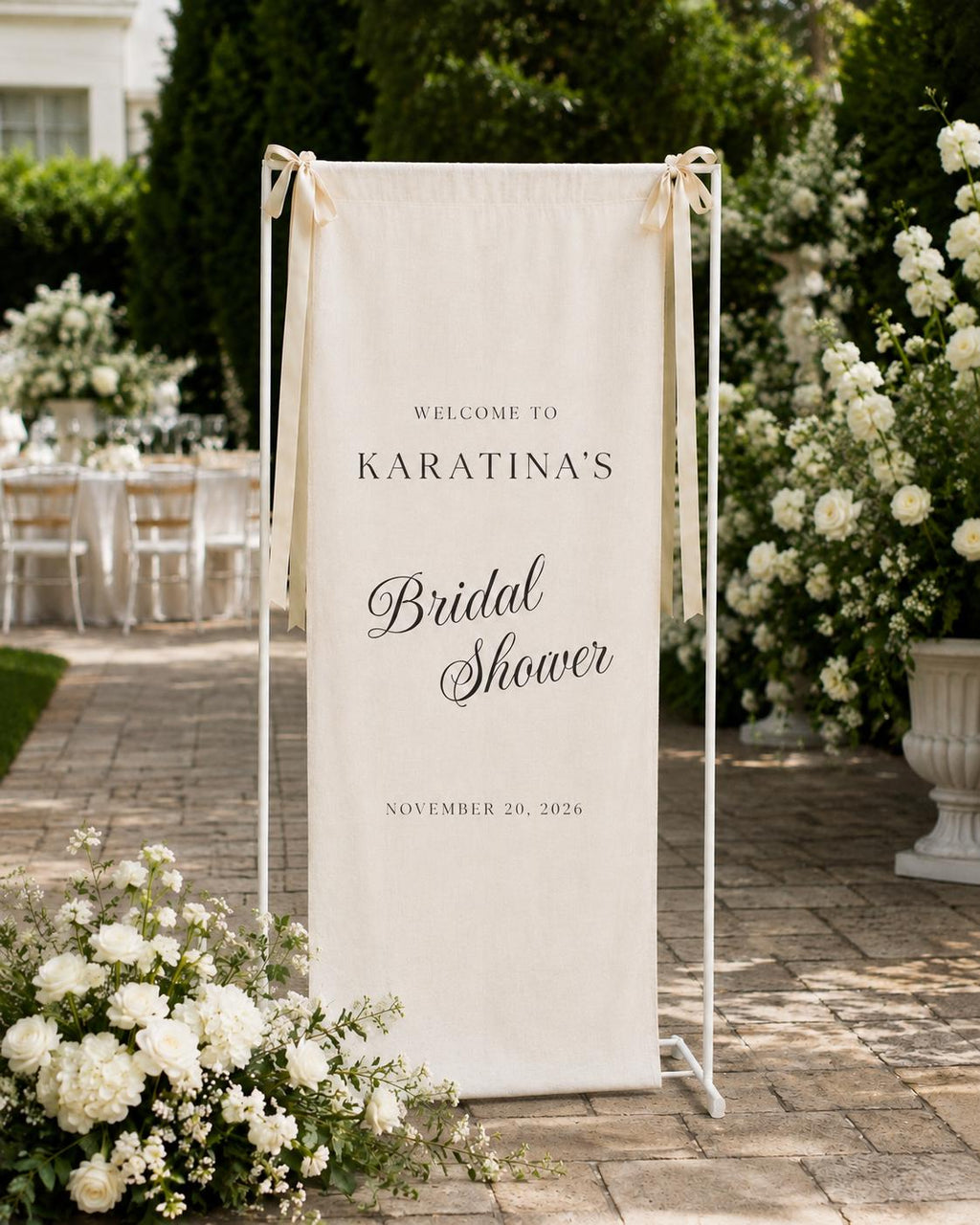 Personalized Fabric Bridal Shower Welcome Sign, Custom Linen Banner with Ribbon, Bride Name and Date Garden Party Entrance Decor