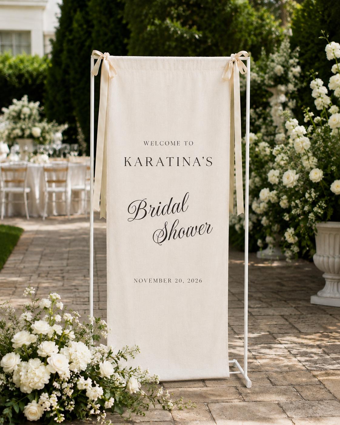 Personalized Fabric Bridal Shower Welcome Sign, Custom Linen Banner with Ribbon, Bride Name and Date Garden Party Entrance Decor