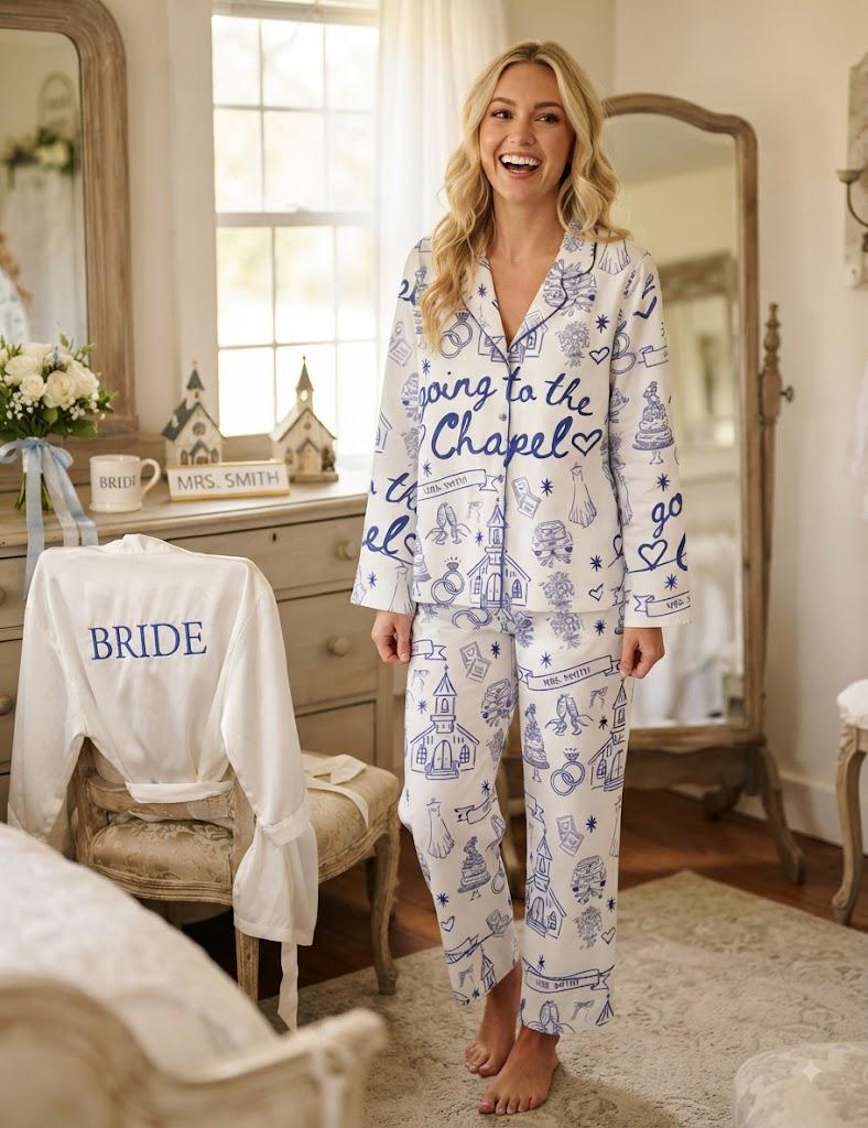 Bride Pajamas Set – Going to the Chapel , Blue Toile Bridal Sleepwear – Wedding Morning Getting Ready