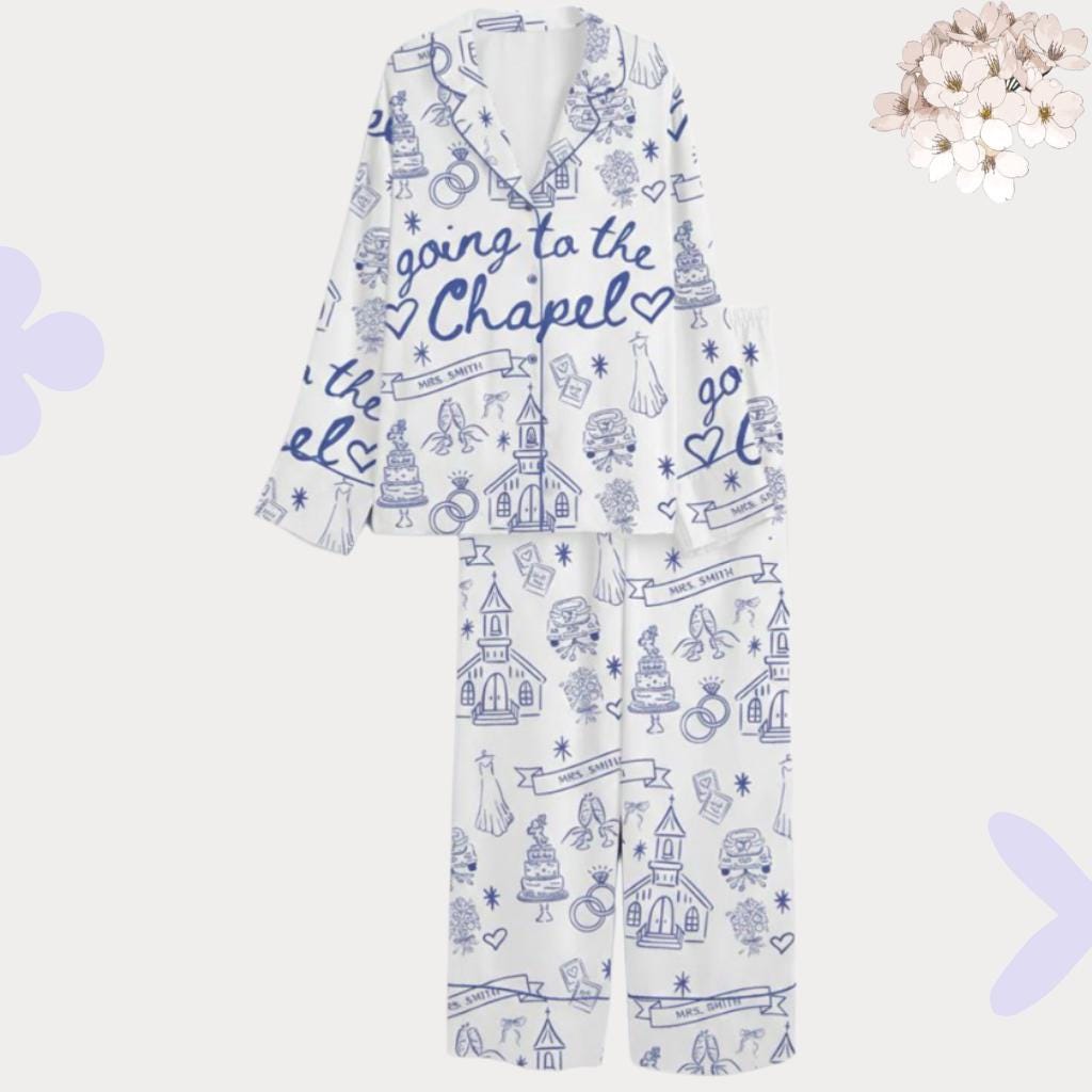 Bride Pajamas Set – Going to the Chapel , Blue Toile Bridal Sleepwear – Wedding Morning Getting Ready