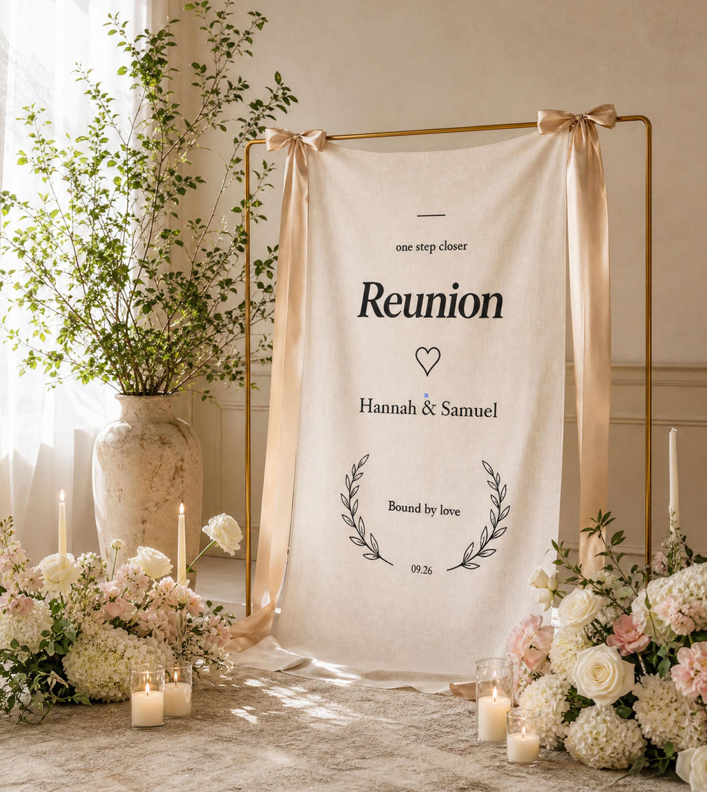 Custom Linen Wedding Welcome Banner | Personalized Rustic Entrance Tapestry