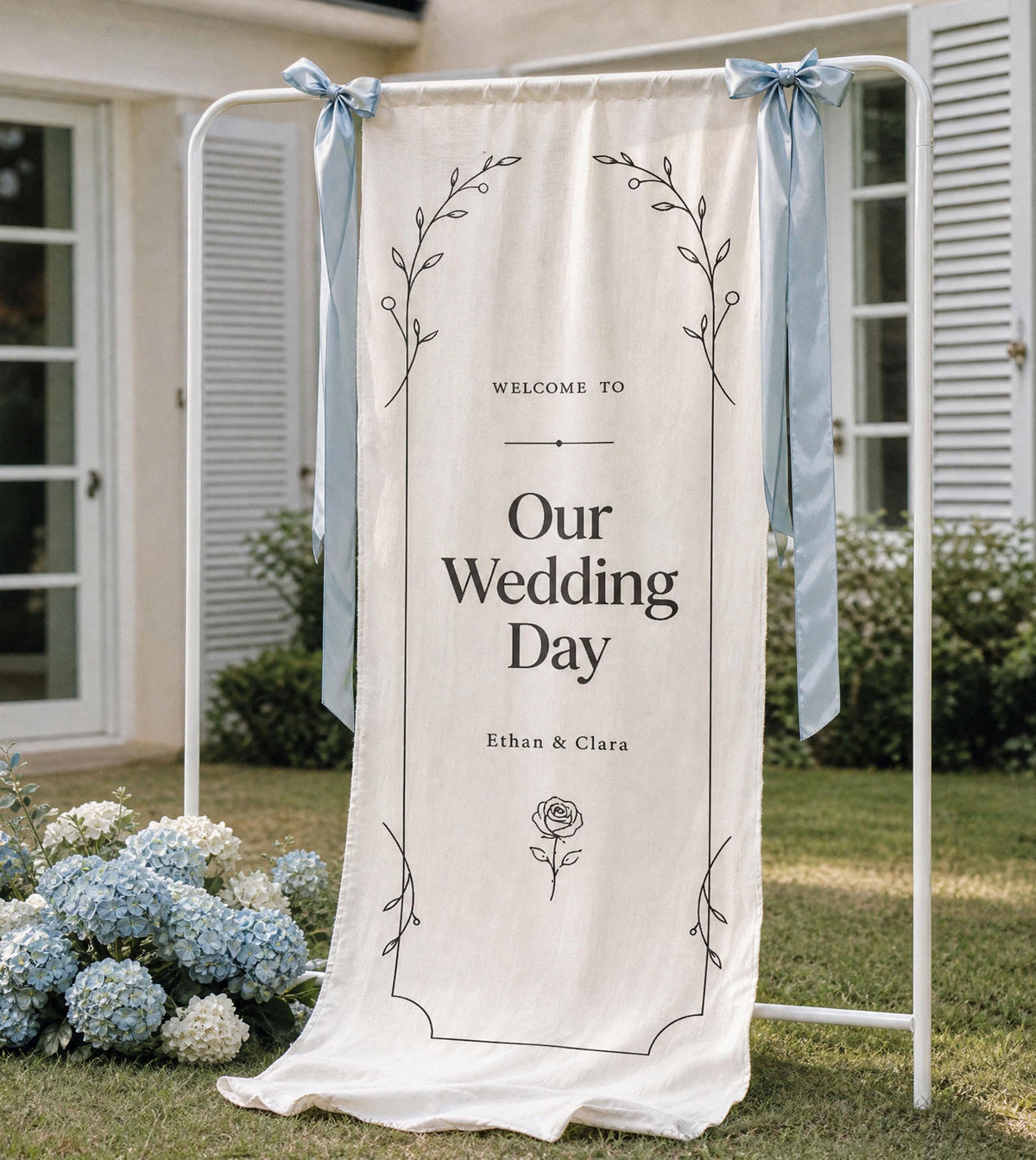 Custom Linen Wedding Welcome Banner | Personalized Rustic Entrance Tapestry