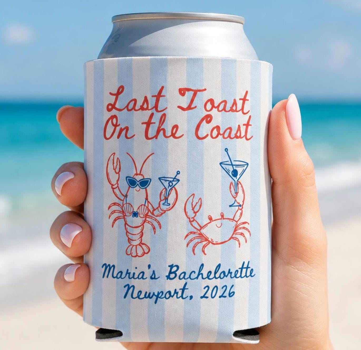 Last Toast on the Coast Can Cooler, Beach Bachelorette Party Favor, Personalized Coastal Drink Sleeve