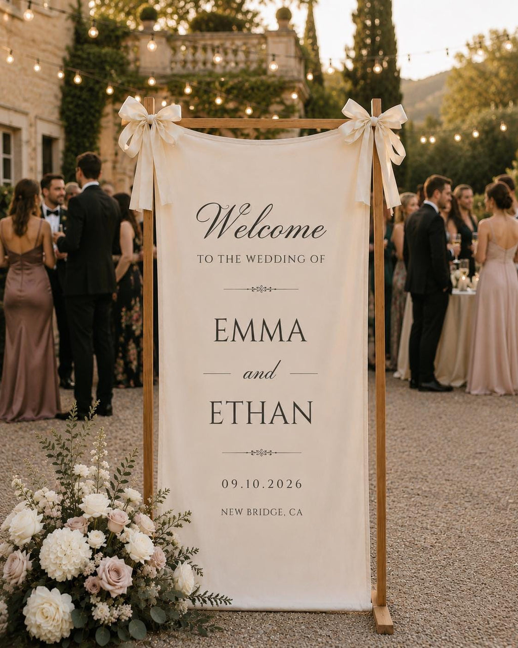 Personalized wedding welcome sign, custom fabric banner, bride and groom names, wedding date decor