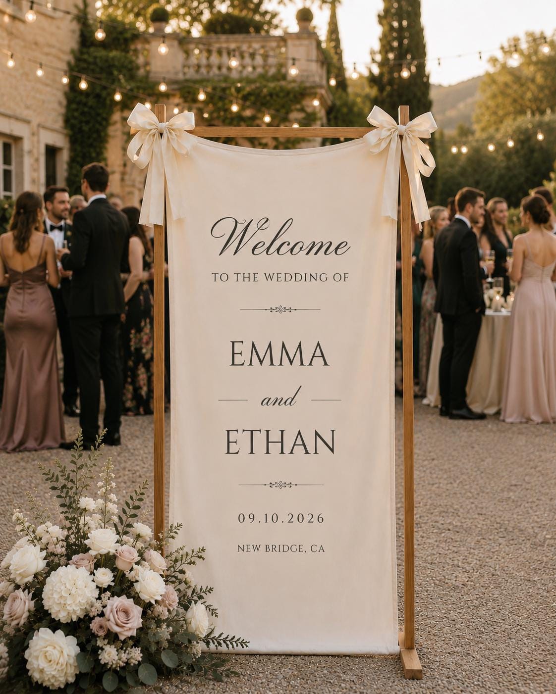 Personalized wedding welcome sign, custom fabric banner, bride and groom names, wedding date decor