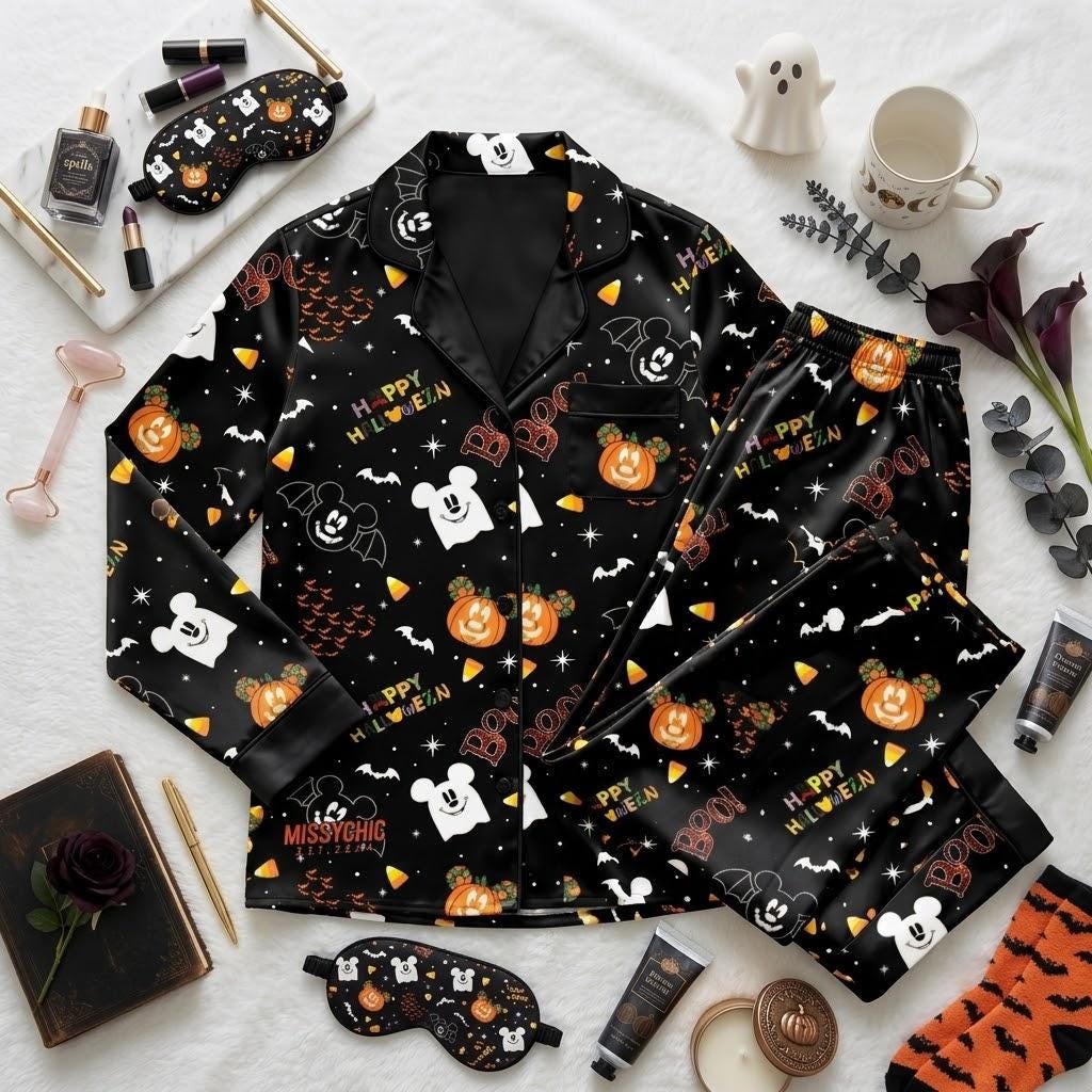 Celebrate A Spooky Night With Disney Mickey Mouse, Halloween Character Pajamas, Pumpkin Season Nightwear, Festive Bedtime Outfit