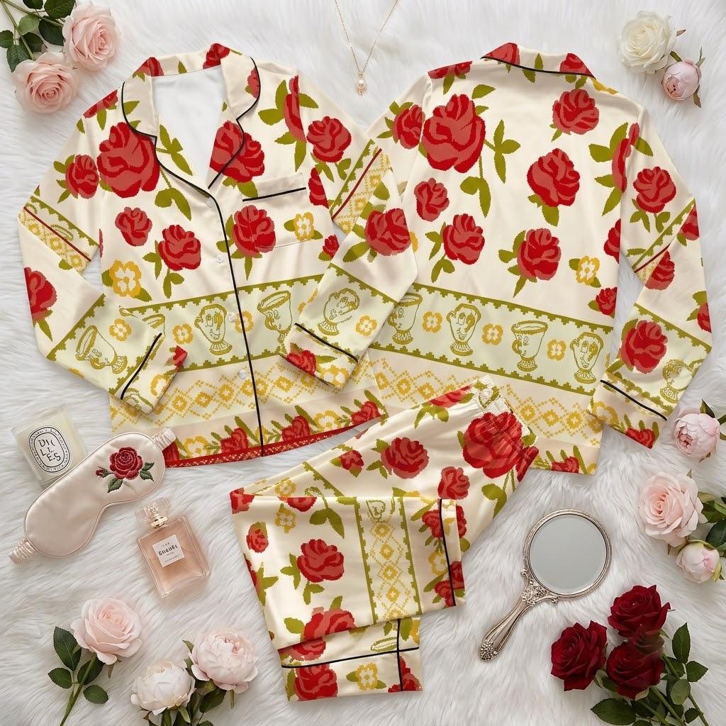 Beauty and the Beast Disney Pajamas, Enchanted Rose And Chip Character Sleepwear, Belle Inspired Nightwear, Fairytale Bedtime Outfit