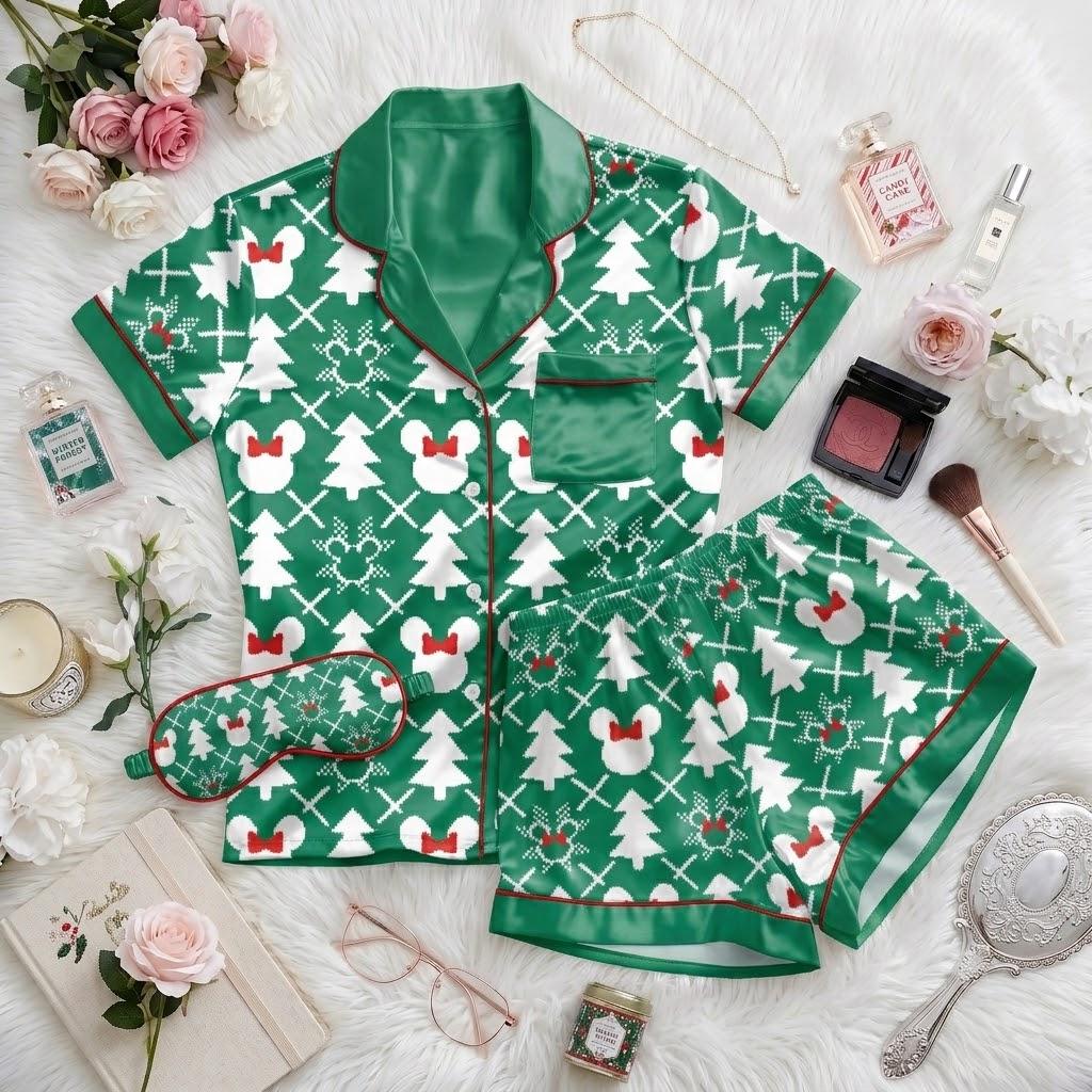 Minnie Mouse Christmas Pajamas, Disney Holiday Sleepwear With Festive Tree Motifs, Sweet Character Nightwear, Cozy Winter Bedtime Outfit
