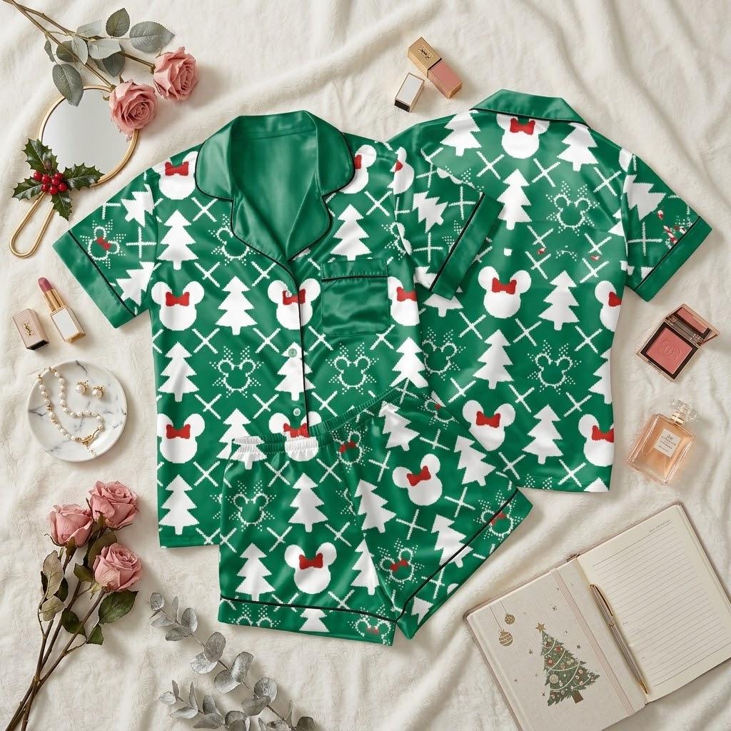 Minnie Mouse Christmas Pajamas, Disney Holiday Sleepwear With Festive Tree Motifs, Sweet Character Nightwear, Cozy Winter Bedtime Outfit
