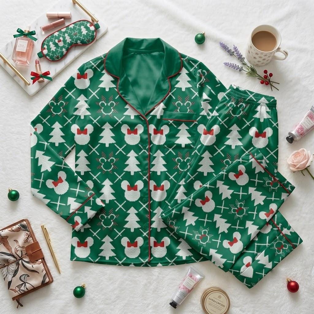 Minnie Mouse Christmas Pajamas, Disney Holiday Sleepwear With Festive Tree Motifs, Sweet Character Nightwear, Cozy Winter Bedtime Outfit